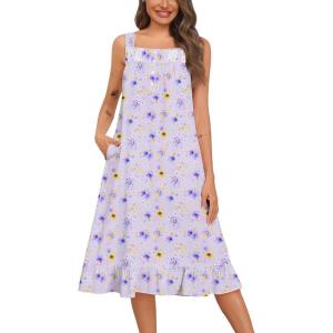 SWOMOG Cotton Nightgowns for Women Sleeveless Button Down Night Gown Soft Victorian Nightdress House Dress with Pockets(Floral Purple)