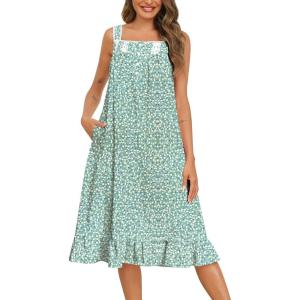 SWOMOG Cotton Nightgowns for Women Sleeveless Button Down Night Gown Soft Victorian Nightdress House Dress with Pockets(Green White)