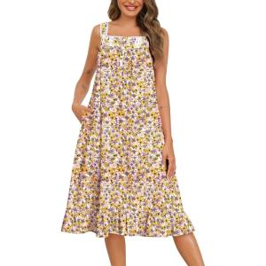 SWOMOG Cotton Nightgowns for Women Sleeveless Button Down Night Gown Soft Victorian Nightdress House Dress with Pockets(Yellow Grey)