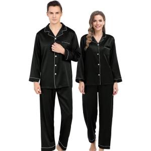 SWOMOG Couples Matching Silk Satin Pajamas Set Long Sleeve Sleepwear Soft Button Down Loungewear 2 Pcs Pj Set(Black)