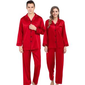 SWOMOG Couples Matching Silk Satin Pajamas Set Long Sleeve Sleepwear Soft Button Down Loungewear 2 Pcs Pj Set(Candy Red)