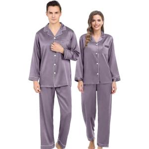 SWOMOG Couples Matching Silk Satin Pajamas Set Long Sleeve Sleepwear Soft Button Down Loungewear 2 Pcs Pj Set(Chestnut)