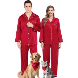 SWOMOG Couples Matching Silk Satin Pajamas Set Long Sleeve Sleepwear Soft Button Down Loungewear 2 Pcs Pj Set(Christmas Red)