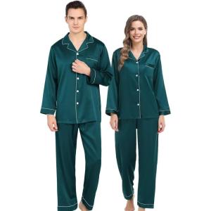 SWOMOG Couples Matching Silk Satin Pajamas Set Long Sleeve Sleepwear Soft Button Down Loungewear 2 Pcs Pj Set(Deep Green)