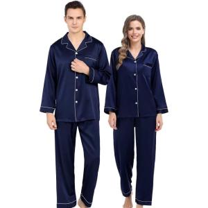 SWOMOG Couples Matching Silk Satin Pajamas Set Long Sleeve Sleepwear Soft Button Down Loungewear 2 Pcs Pj Set(Deep Navy Blue)