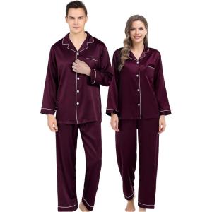 SWOMOG Couples Matching Silk Satin Pajamas Set Long Sleeve Sleepwear Soft Button Down Loungewear 2 Pcs Pj Set(Deep Wine Red)