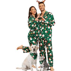 SWOMOG Couples Matching Silk Satin Pajamas Set Long Sleeve Sleepwear Soft Button Down Loungewear 2 Pcs Pj Set(Green Christmas Santa)