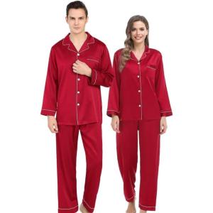 SWOMOG Couples Matching Silk Satin Pajamas Set Long Sleeve Sleepwear Soft Button Down Loungewear 2 Pcs Pj Set(Red)