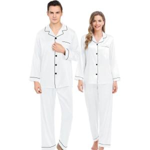 SWOMOG Couples Matching Silk Satin Pajamas Set Long Sleeve Sleepwear Soft Button Down Loungewear 2 Pcs Pj Set(White)