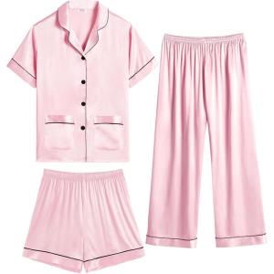 SWOMOG Girls Pajamas Silk Satin Pajama Set Short Sleeve Button Down Sleepwear Soft Cute PJs with Ruffle Shorts Loungewear(Blush Pink)