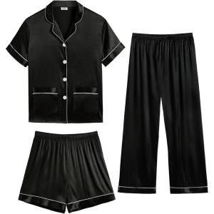 SWOMOG Girls Pajamas Silk Satin Pajama Set Short Sleeve Button Down Sleepwear Soft Cute PJs with Ruffle Shorts Loungewear(Coal Black)
