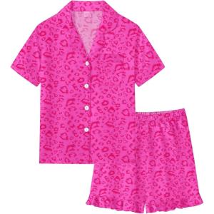 SWOMOG Girls Pajamas Silk Satin Pajama Set Short Sleeve Button Down Sleepwear Soft Cute PJs with Ruffle Shorts Loungewear(Hot Pink Leopard)