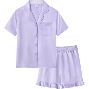 SWOMOG Girls Pajamas Silk Satin Pajama Set Short Sleeve Button Down Sleepwear Soft Cute PJs with Ruffle Shorts Loungewear(Lavender)