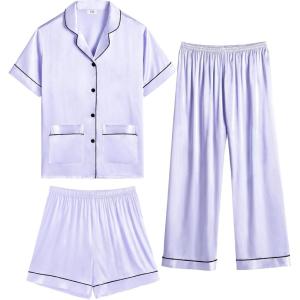 SWOMOG Girls Pajamas Silk Satin Pajama Set Short Sleeve Button Down Sleepwear Soft Cute PJs with Ruffle Shorts Loungewear(Lilac)