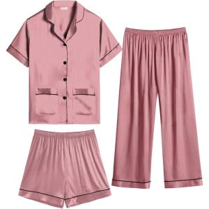SWOMOG Girls Pajamas Silk Satin Pajama Set Short Sleeve Button Down Sleepwear Soft Cute PJs with Ruffle Shorts Loungewear(Misty Rose)