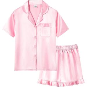 SWOMOG Girls Pajamas Silk Satin Pajama Set Short Sleeve Button Down Sleepwear Soft Cute PJs with Ruffle Shorts Loungewear(Pink)