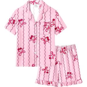 SWOMOG Girls Pajamas Silk Satin Pajama Set Short Sleeve Button Down Sleepwear Soft Cute PJs with Ruffle Shorts Loungewear(Pink Bow-tie)