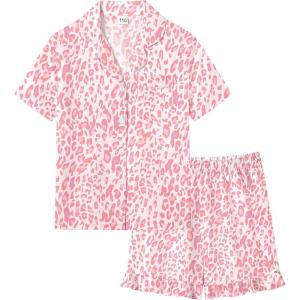 SWOMOG Girls Pajamas Silk Satin Pajama Set Short Sleeve Button Down Sleepwear Soft Cute PJs with Ruffle Shorts Loungewear(Pink Leopard)