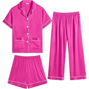 SWOMOG Girls Pajamas Silk Satin Pajama Set Short Sleeve Button Down Sleepwear Soft Cute PJs with Ruffle Shorts Loungewear(Rose Red)