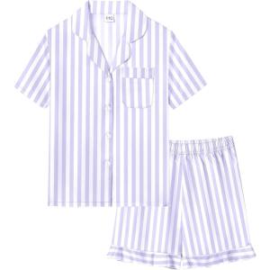 SWOMOG Girls Pajamas Silk Satin Pajama Set Short Sleeve Button Down Sleepwear Soft Cute PJs with Ruffle Shorts Loungewear(Stripes Blue)