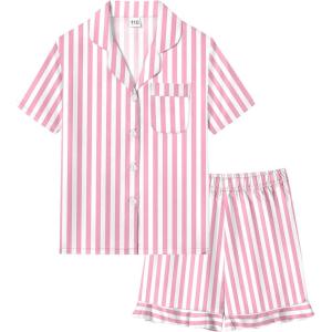SWOMOG Girls Pajamas Silk Satin Pajama Set Short Sleeve Button Down Sleepwear Soft Cute PJs with Ruffle Shorts Loungewear(Stripes Pink)