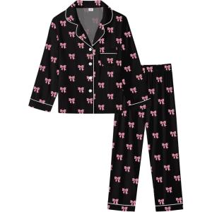 SWOMOG Kids Pajamas Sets Girls Boys Long Sleeve Sleepwear 2 Piece Lounge Sets Modal Button Down Pjs Set for 4-13 Years(A-black Bowknot)