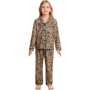 SWOMOG Kids Pajamas Sets Girls Boys Long Sleeve Sleepwear 2 Piece Lounge Sets Modal Button Down Pjs Set for 4-13 Years(B-brown Leopard（2 Piping）)