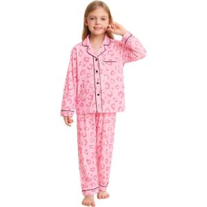 SWOMOG Kids Pajamas Sets Girls Boys Long Sleeve Sleepwear 2 Piece Lounge Sets Modal Button Down Pjs Set for 4-13 Years(B-deep Pink Leopard（2 Piping）)