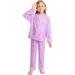SWOMOG Kids Pajamas Sets Girls Boys Long Sleeve Sleepwear 2 Piece Lounge Sets Modal Button Down Pjs Set for 4-13 Years(B-purple Leopard（2 Piping）)