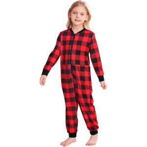 SWOMOG Kids Pajamas Sets Girls Boys Long Sleeve Sleepwear 2 Piece Lounge Sets Modal Button Down Pjs Set for 4-13 Years(C-red Black Print（jumpsuit）)