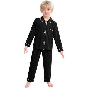 SWOMOG Kids Pajamas Sets Girls Boys Long Sleeve Sleepwear 2 Piece Lounge Sets Modal Button Down Pjs Set for 4-13 Years(Z-black)