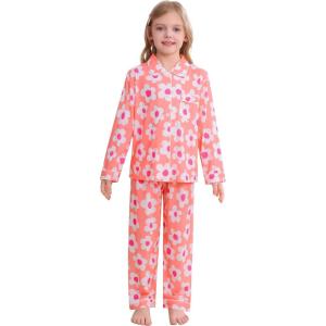 SWOMOG Kids Pajamas Sets Girls Boys Long Sleeve Sleepwear 2 Piece Lounge Sets Modal Button Down Pjs Set for 4-13 Years(Z-pink Flower)