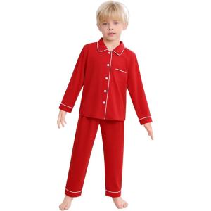SWOMOG Kids Pajamas Sets Girls Boys Long Sleeve Sleepwear 2 Piece Lounge Sets Modal Button Down Pjs Set for 4-13 Years(Z-red)