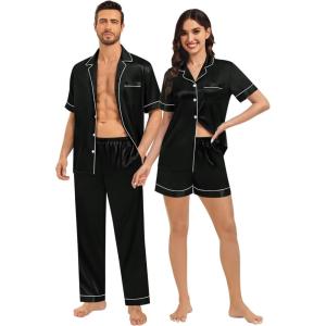 SWOMOG Matching Pajamas for Couples Satin Short Sleeve Sleepwear Women/Men Silk Soft Button Down Nightwear 2 Pcs Loungewear(Black)
