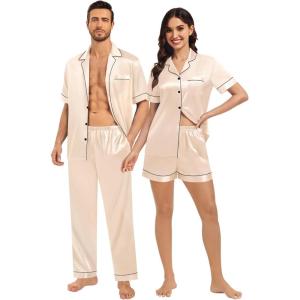 SWOMOG Matching Pajamas for Couples Satin Short Sleeve Sleepwear Women/Men Silk Soft Button Down Nightwear 2 Pcs Loungewear(Champagne)