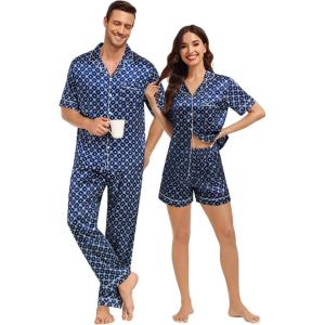 SWOMOG Matching Pajamas for Couples Satin Short Sleeve Sleepwear Women/Men Silk Soft Button Down Nightwear 2 Pcs Loungewear(Navy Blue Flower)