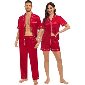 SWOMOG Matching Pajamas for Couples Satin Short Sleeve Sleepwear Women/Men Silk Soft Button Down Nightwear 2 Pcs Loungewear(Red)