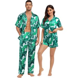 SWOMOG Matching Pajamas for Couples Satin Short Sleeve Sleepwear Women/Men Silk Soft Button Down Nightwear 2 Pcs Loungewear(White Leaves)