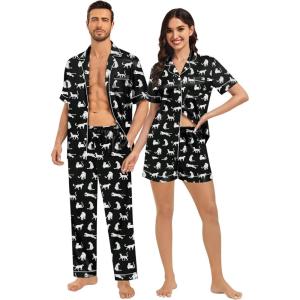 SWOMOG Matching Pajamas for Couples Satin Short Sleeve Sleepwear Women/Men Silk Soft Button Down Nightwear 2 Pcs Loungewear(White Leopard)
