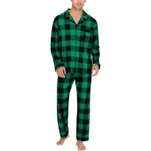 SWOMOG Mens Christmas Pajamas Sets Long Sleeve Button Down Pjs Mens Sleepwear Soft 2 Pcs Loungewear Nightwear with Pockets(Black Green Grid)