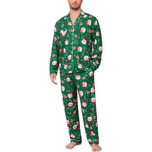 SWOMOG Mens Christmas Pajamas Sets Long Sleeve Button Down Pjs Mens Sleepwear Soft 2 Pcs Loungewear Nightwear with Pockets(Green Christmas Santa)
