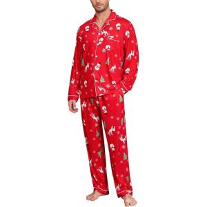 SWOMOG Mens Christmas Pajamas Sets Long Sleeve Button Down Pjs Mens Sleepwear Soft 2 Pcs Loungewear Nightwear with Pockets(Red Christmas Pattern)