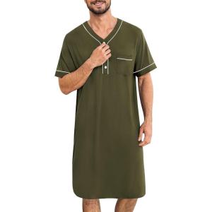 SWOMOG Mens Nightgown Short Sleeve Lounge, Sleep Henley Shirt Pajama Big & Tall Nightshirt Comfy Nightwear M-3XL(Army Green)