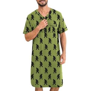 SWOMOG Mens Nightgown Short Sleeve Lounge, Sleep Henley Shirt Pajama Big & Tall Nightshirt Comfy Nightwear M-3XL(Army Green Bigfoot)