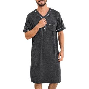 SWOMOG Mens Nightgown Short Sleeve Lounge, Sleep Henley Shirt Pajama Big & Tall Nightshirt Comfy Nightwear M-3XL(Deep Grey)