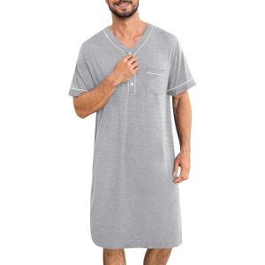 SWOMOG Mens Nightgown Short Sleeve Lounge, Sleep Henley Shirt Pajama Big & Tall Nightshirt Comfy Nightwear M-3XL(Grey)