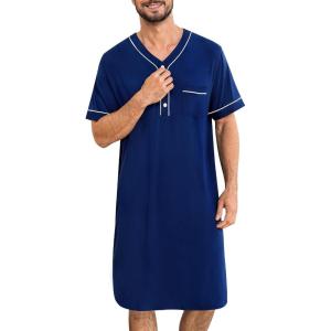 SWOMOG Mens Nightgown Short Sleeve Lounge, Sleep Henley Shirt Pajama Big & Tall Nightshirt Comfy Nightwear M-3XL(Navy Blue)