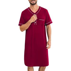 SWOMOG Mens Nightgown Short Sleeve Lounge, Sleep Henley Shirt Pajama Big & Tall Nightshirt Comfy Nightwear M-3XL(Wine Red)