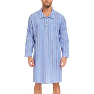 SWOMOG Men’s Nightshirt 100% Cotton Long Sleeve Sleep Shirt Button Down Nightgown Soft Sleepwear Comfy Nightwear S-XXXL(Blue Stripes)