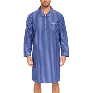 SWOMOG Men’s Nightshirt 100% Cotton Long Sleeve Sleep Shirt Button Down Nightgown Soft Sleepwear Comfy Nightwear S-XXXL(Light Blue White Stripes)
